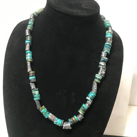 Genuine Turquoise Sterling Silver Necklace Heishi Beads Antique Sustainable 925 - Picture 7 of 8